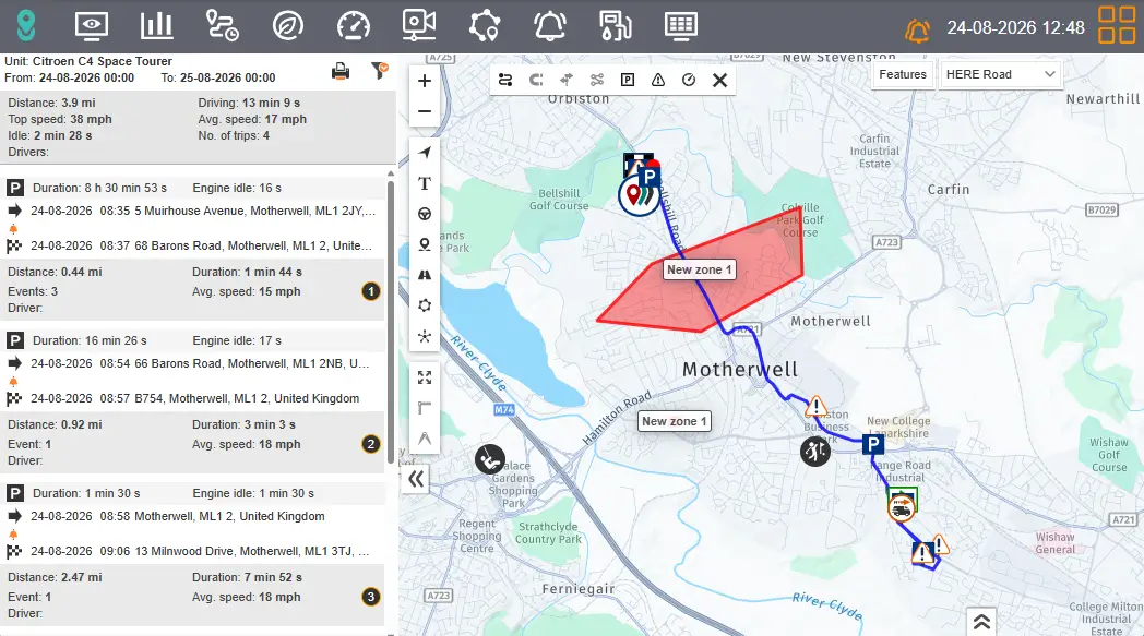 Trip history including a geofenced zone