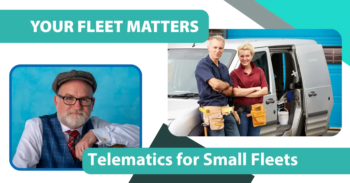 Telematics software for small fleets featuring two tradespeople beside a commercial van